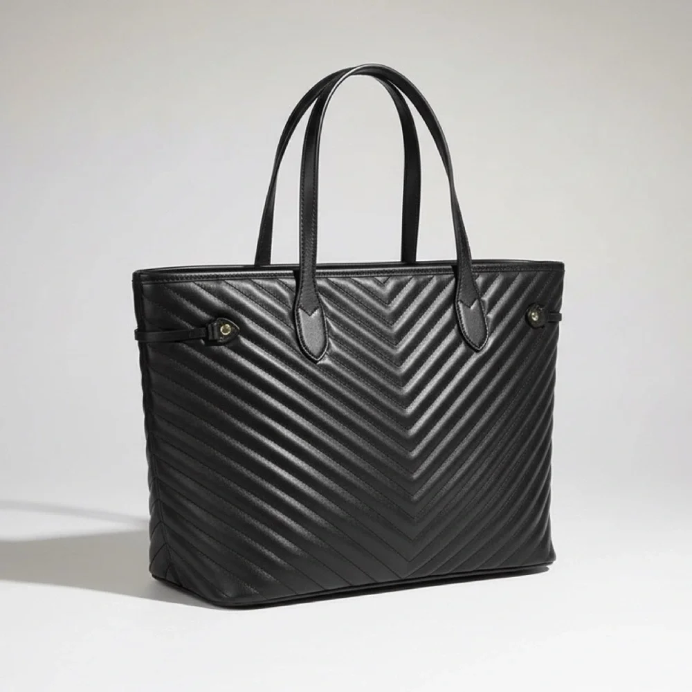 Black Quilted Tote Bag Faux Leather Laptop Work Purse Minimalist w/ Pouch